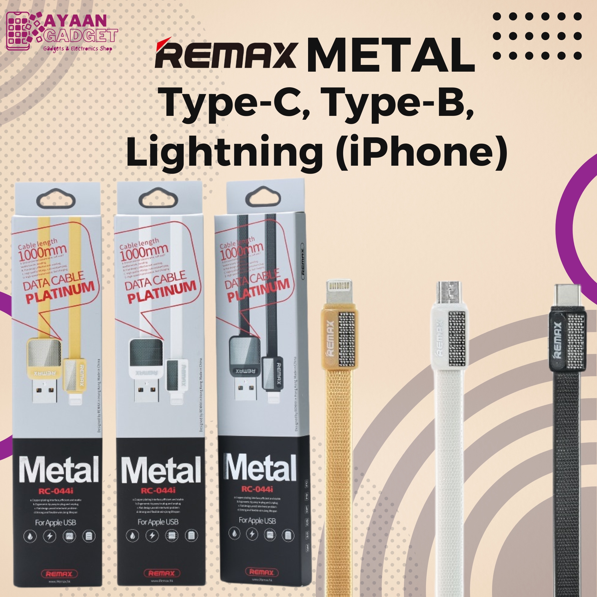 Remax Metal Type-C, Type-B (Micro USB), Lightning (iPhone) Fast Charging Data Cable